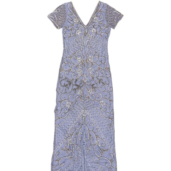 NEW Women's PISARRO NIGHTS Beaded Mesh Midi Cocktail Dress/Gown Violet | Size 8 - Picture 6 of 15